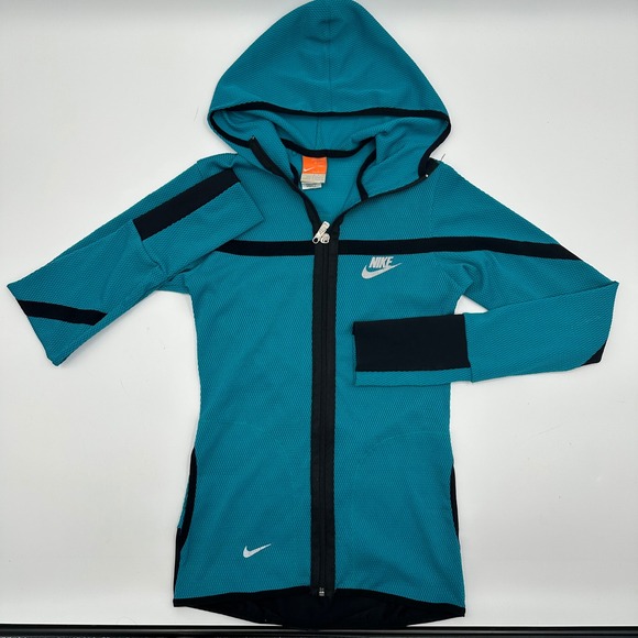 Nike Dry Fit Womens Teal Waffle Knit Full Zip Hoodie Mesh Jacket Small 19542 - Picture 2 of 11